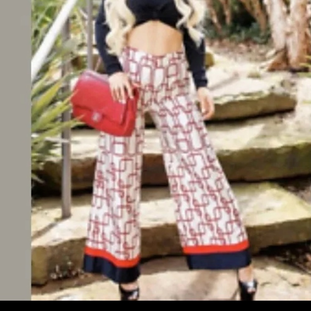 ZARA womens wide leg chain link pants navy red pull on XS - Picture 3 of 8